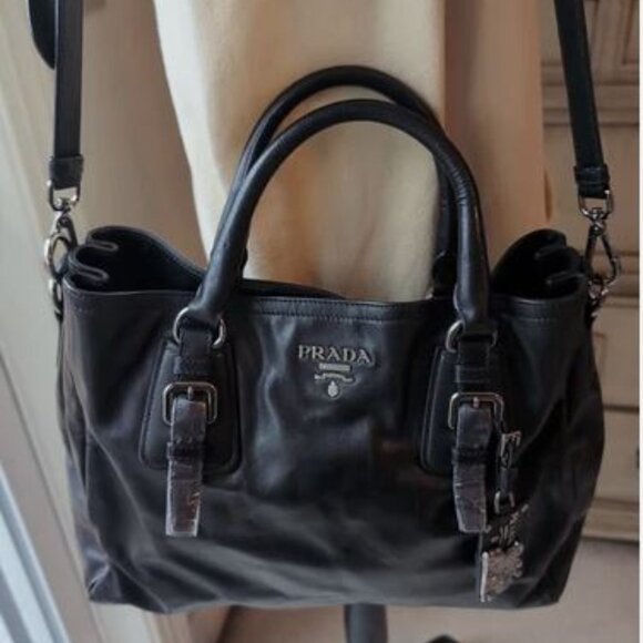 AUTHENTICATED PRADA 2WAY CALFSKIN BAG BLACK SILVER HARDWARE EUC - Picture 1 of 9